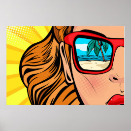 Pop Art vrouw met zonnebril op het strand Poster