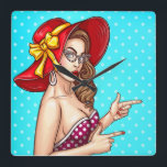Pop Art Vrouw Vierkante Klok<br><div class="desc">Pinup Girl met groot Pet</div>