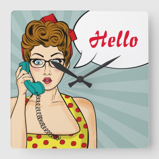 Pop Art Vrouw Vierkante Klok (Voorkant)