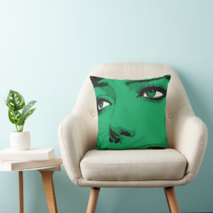 Pop-Art Vrouwengezicht in Levendig Groen Kussen