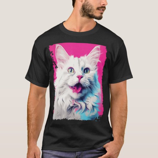 Pop Art Witte Kat Roze T-shirt (Voorkant)