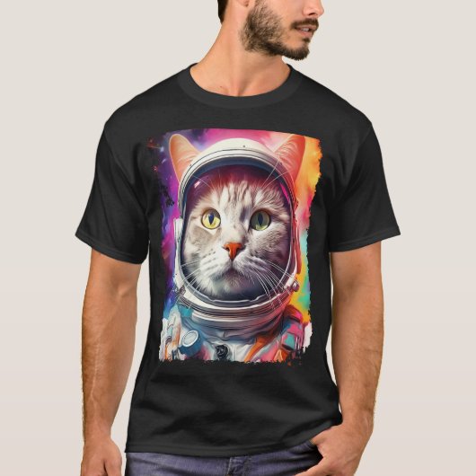 Pop Art Witte Kat Ruimteonderzoek T-shirt (Voorkant)