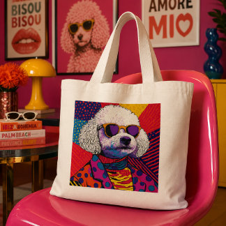 Pop Art Witte Poodle Hond in Kleurig Retro Outfit Grote Tote Bag
