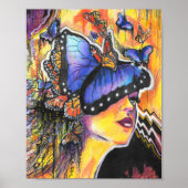 Pop Art Woman Blue Butterfly Portret Poster (Voorkant)
