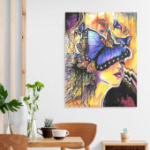 Pop Art Woman Blue Butterfly Portret Poster