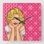 Pop Art Woman Dreaming Vierkante Klok<br><div class="desc">Blonde Dreaming met Polka Dots achtergrond</div>