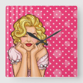 Pop Art Woman Dreaming Vierkante Klok (Voorkant)
