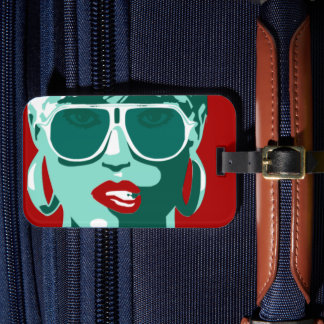 Pop Art Woman in White Sunbril Biting Red Lips Bagagelabel