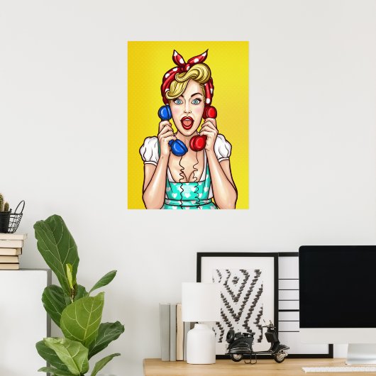 Pop Art Woman op het poster van twee telefoons (Thuiskantoor)