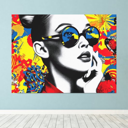Pop art woman with sunglasses canvas afdruk (Insitu (Houten vloer))