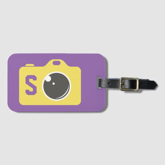 Pop Art Yellow Camera Paars Monogram Bagagelabel (Voorkant (horizontaal))