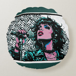 Pop Art Zanger Teal Roze Muzikanten Muziek Liefheb Rond Kussen