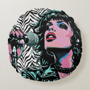 Pop Art Zangeres Teal Roze Punk Rocker Muziek Lief Rond Kussen
