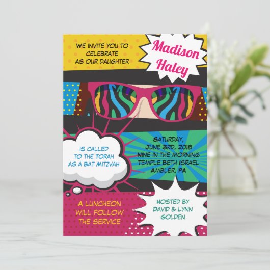 POP ART ZONNEBRIL RETRO Bat Mitzvah Uitnodiging (Staand voorkant)