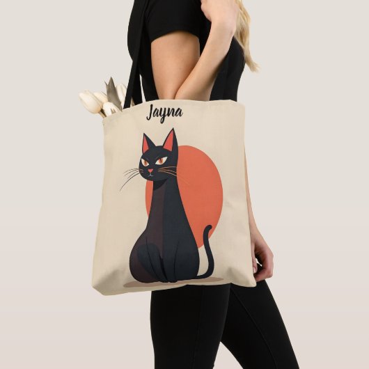 Pop Art Zwarte Kat Sinaasappel Zon Tote Bag (Dichtbij)