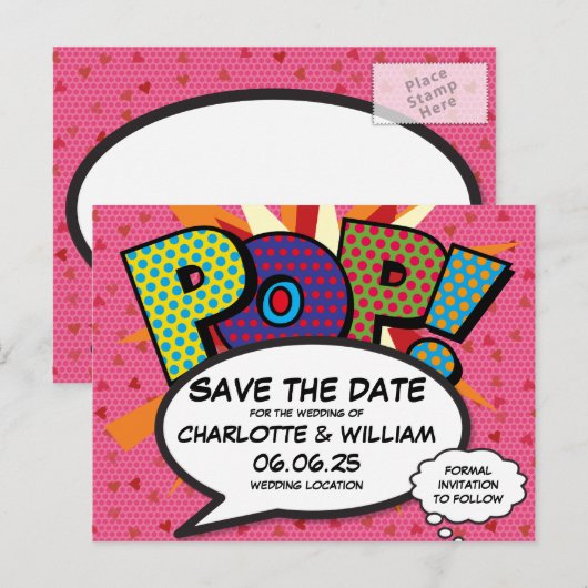 POP Bewaar de datum Leuk Retro Comic Book Pop Art Uitnodiging Briefkaart (Voorkant / Achterkant)
