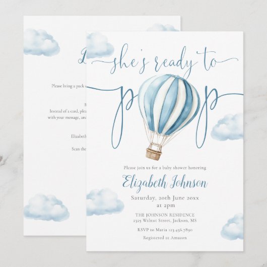 Pop Blue Balloon Girl alles in één Baby shower Kaart (Voorkant / Achterkant)