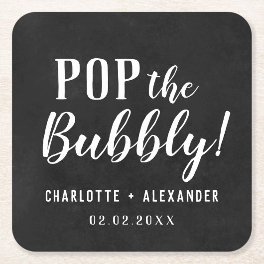 Pop: Bubble Elegant Personalized Wedding Black Kartonnen Onderzetters (Voorkant)