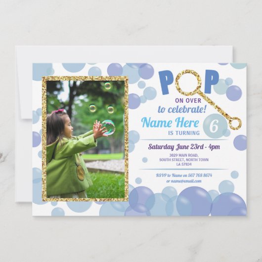 POP Bubble Verjaardag Blauw Foto Glitter Goud Kaart (Voorkant)