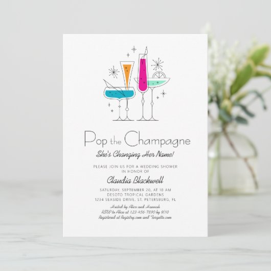 Pop Champagne Retro Bruids Douche Uitnodiging (Staand voorkant)