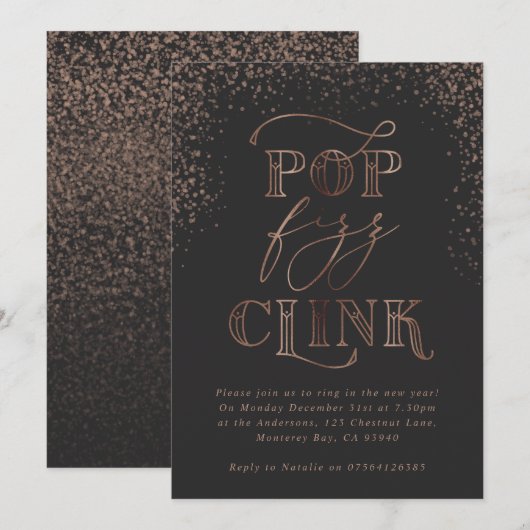 pop Clink Fizz Bronze Vakantie Feestuitnodiging Feestdagenkaart (Voorkant / Achterkant)