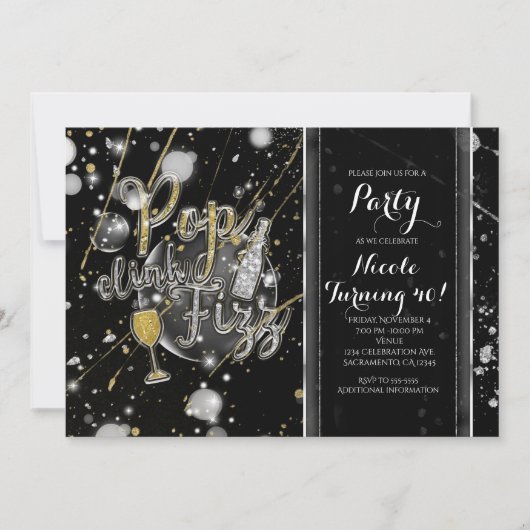POP CLINK FIZZ Champagne Bubbels Feest Uitnodiging (Voorkant)
