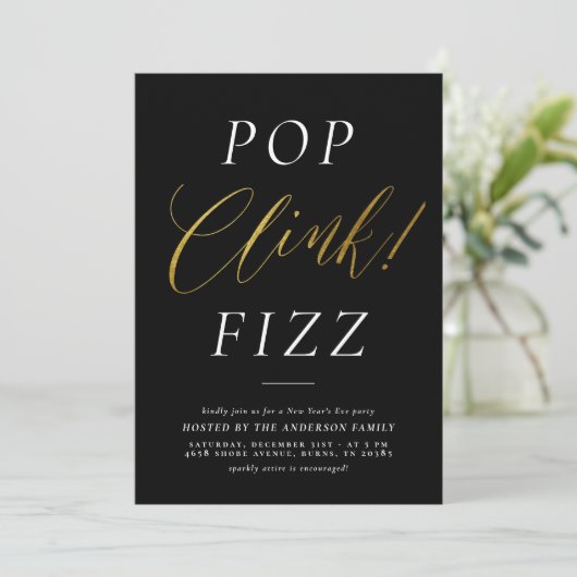 Pop Clink Fizz | Elegant Gold New Year's Eve Party Kaart (Staand voorkant)