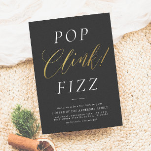 Pop Clink Fizz   Elegant Gold New Year's Eve Party Kaart