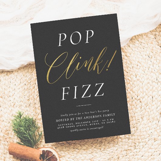 Pop Clink Fizz | Elegant Gold New Year's Eve Party Kaart