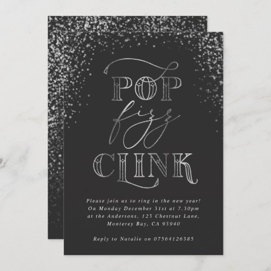 pop Clink Fizz Silver Holiday Party Uitnodiging (Voorkant / Achterkant)