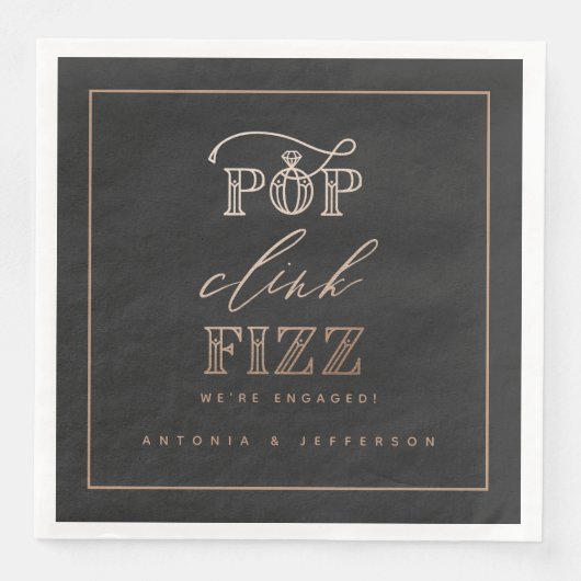 Pop Clink Fizz verlovingsfeest servetten roos goud (Voorkant)