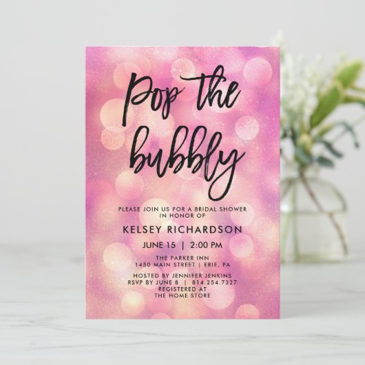 Pop de Bubble | Roze Bokeh Vrijgezellenfeest Kaart (Staand voorkant)