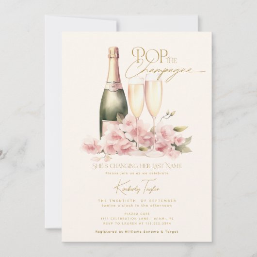 Pop De Champagne Bloemen Blush Glas Vrijgezellenfe Kaart (Voorkant)