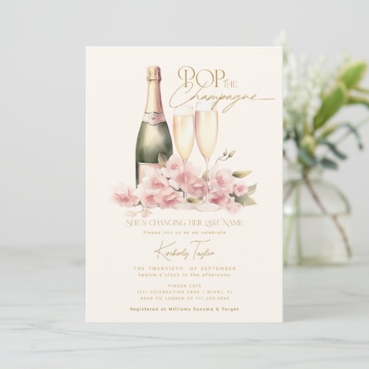 Pop De Champagne Bloemen Blush Glas Vrijgezellenfe Kaart (Staand voorkant)