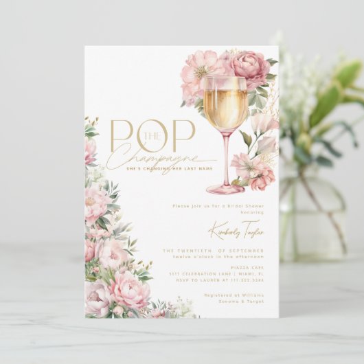 Pop De Champagne Bloemen Roze Vrijgezellenfeest Kaart (Staand voorkant)