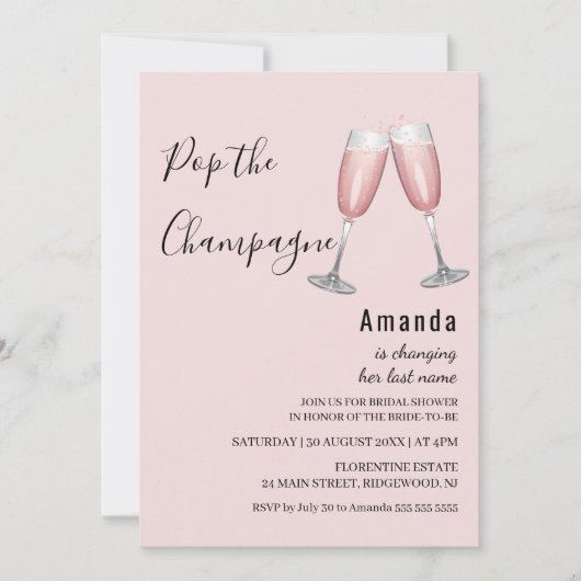 Pop de Champagne Roze Bruidsdouche Uitnodiging (Voorkant)