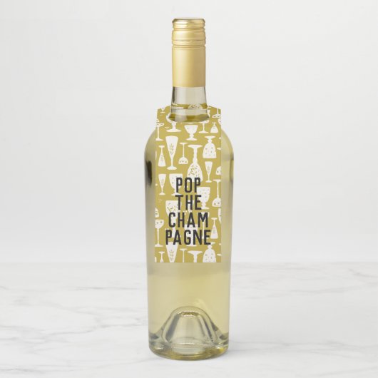 POP DE CHAMPAGNE Wit op Gouden Wijnbril Flessenhanger (Op fles)