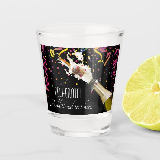 Pop de kurk en vieren shot glas (Voorkant)