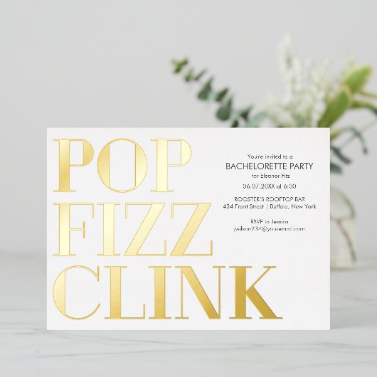 Pop Fizz Clink Bachelorette Party Folie Uitnodigen Folie Uitnodiging (Staand Voorkant)