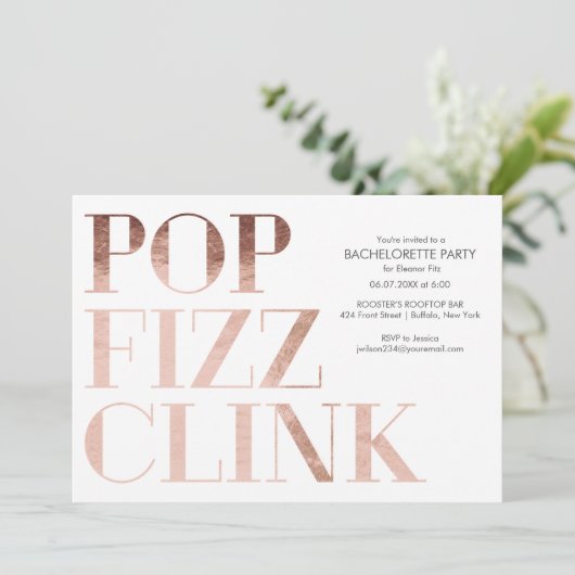 Pop Fizz Clink Bachelorette Party nodigt Faux Foli Kaart (Staand voorkant)