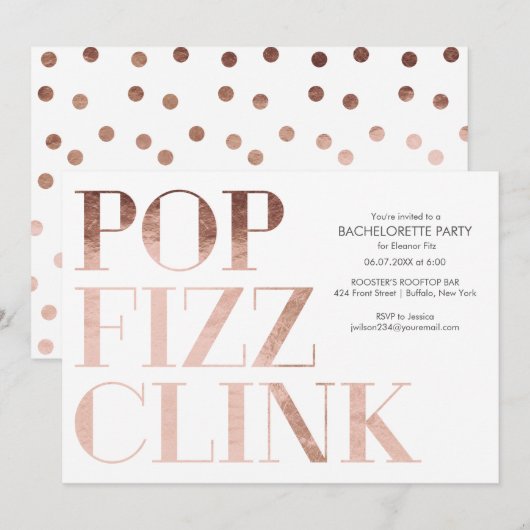 Pop Fizz Clink Bachelorette Party nodigt Faux Foli Kaart (Voorkant / Achterkant)