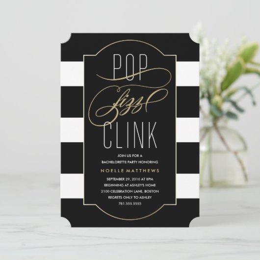 Pop Fizz Clink Bachelorette Party Uitnodiging (Staand voorkant)