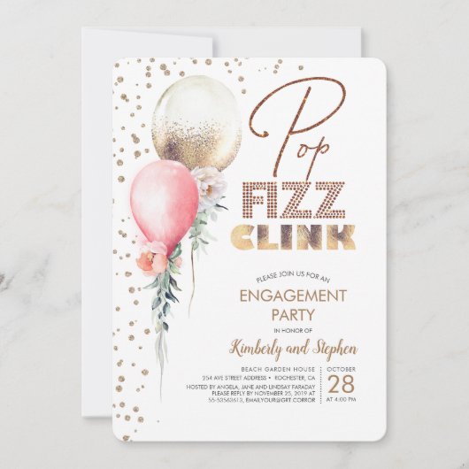 Pop Fizz Clink Balloon Garlands Modern Verloving Kaart (Voorkant)