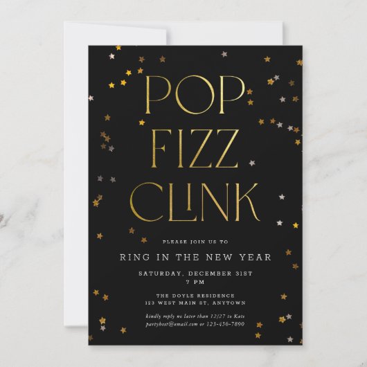 Pop Fizz Clink Black Gold Nieuwjaarsfeest Kaart (Voorkant)