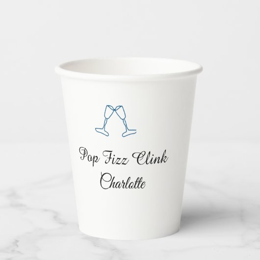 Pop fizz clink blue champagne bottle new year papieren bekers (Voorkant)