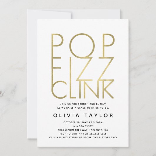 Pop Fizz Clink Bridal Shower Invitation, Faux Gold Kaart (Voorkant)