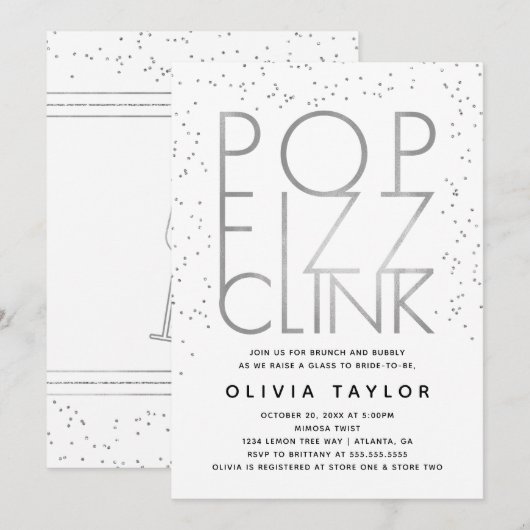 Pop Fizz Clink Bridal Shower Invitation, Silver Kaart (Voorkant / Achterkant)