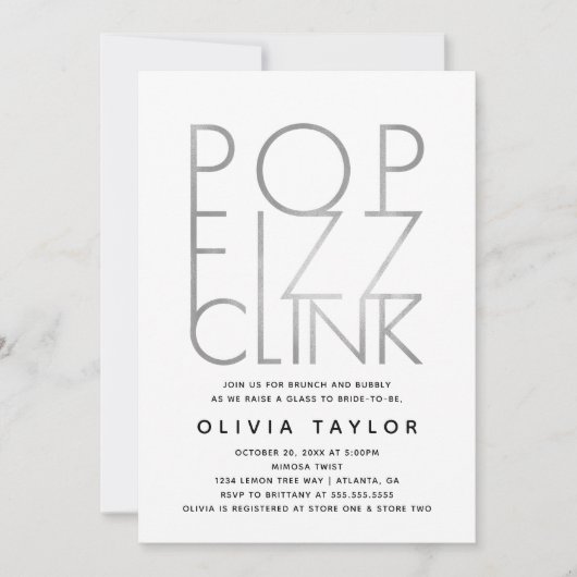 Pop Fizz Clink Bridal Shower Invitation, Silver Kaart (Voorkant)