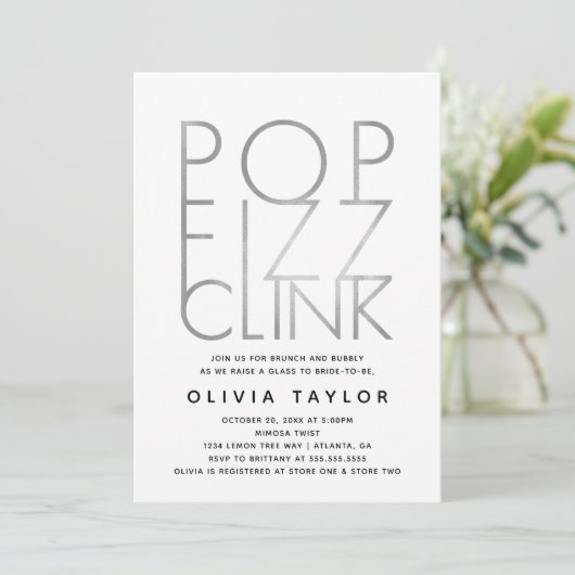 Pop Fizz Clink Bridal Shower Invitation, Silver Kaart (Staand voorkant)