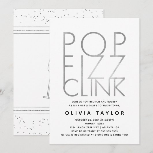 Pop Fizz Clink Bridal Shower Invitation, Silver Kaart (Voorkant / Achterkant)